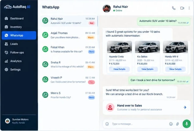 Product preview of a WhatsApp conversation with vehicle suggestions and handover to sales