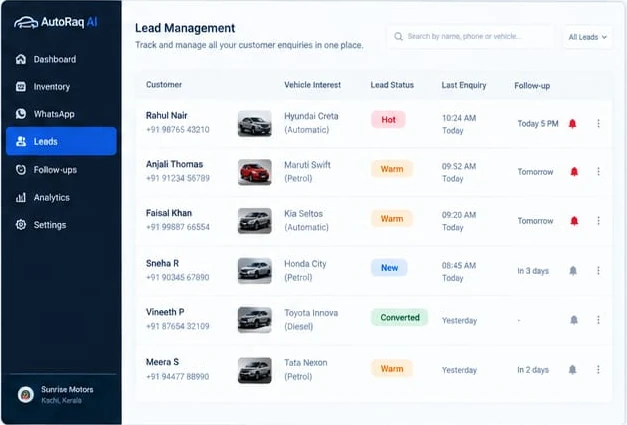 Product preview of lead management with customer interest and follow-up reminders