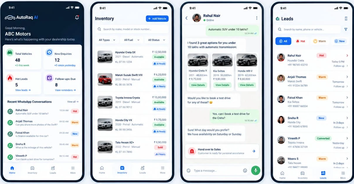 Four AutoRaq AI mobile product previews showing dashboard, inventory, WhatsApp conversation, and leads